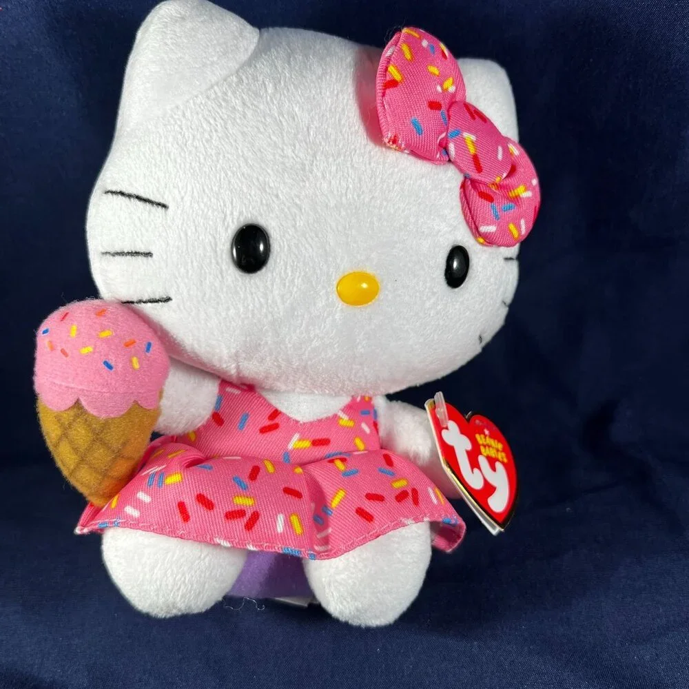 Ty Beanie Babies Hello Kitty Plush With Ice Cream Pink Sprinkles Dress - Picture 1 of 6